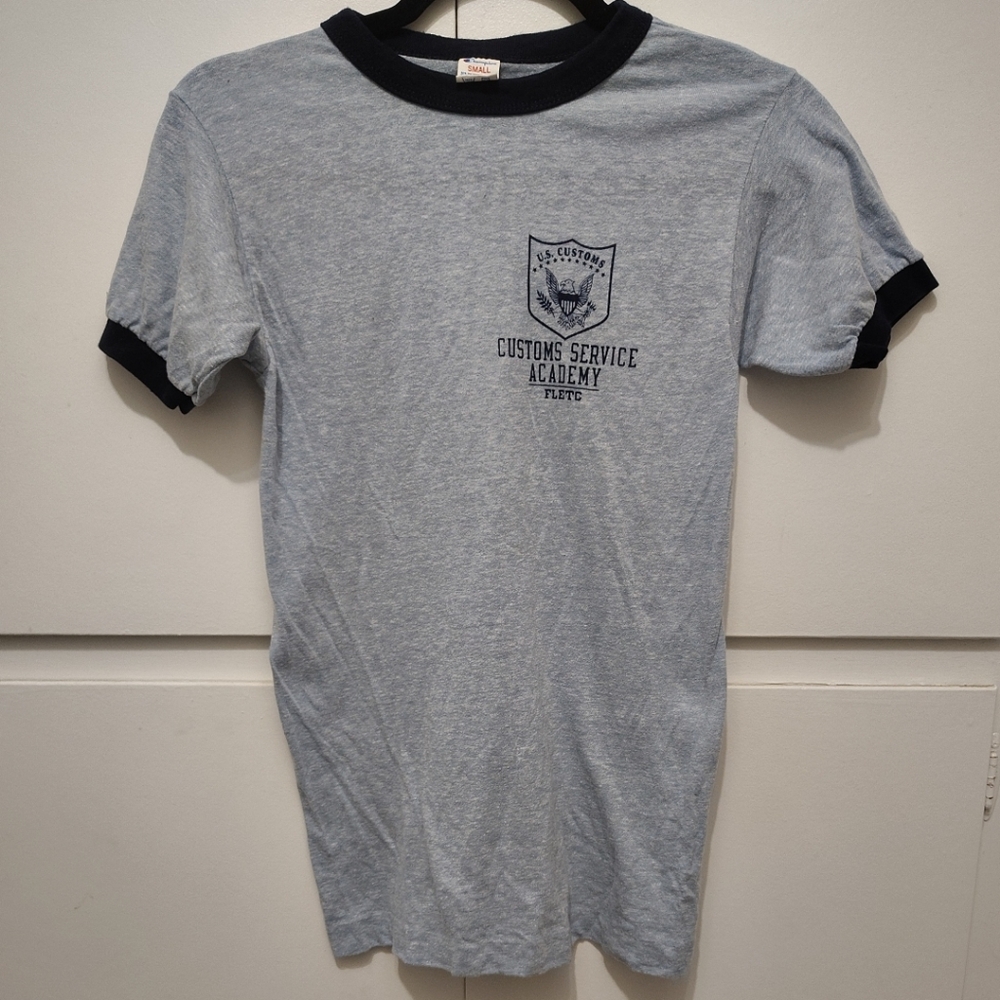 Vtg 80s Champion Blue Bar Ringer T-Shirt US Customs Service Academy FLETC USA S